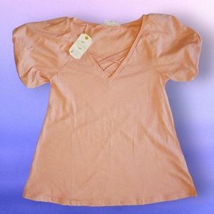Womens Juniors Loveriche Pink Top, V-neck, Puff Sleeves, Size S, New With Tags